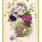 To My Sweetheart Dove Silk Flower Add-On Gold Stars Vintage Embossed Postcard