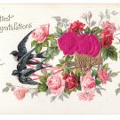 Heartiest Congratulations Birds Silk Red Roses Vintage Embossed Postcard Heartiest Congratulations Birds Silk Red Roses Vintage Embossed Postcard