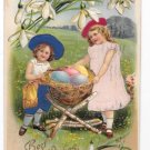 Easter Children Silk Dresses Hats Girls Eggs in Nest Vntg Novelty Postcard