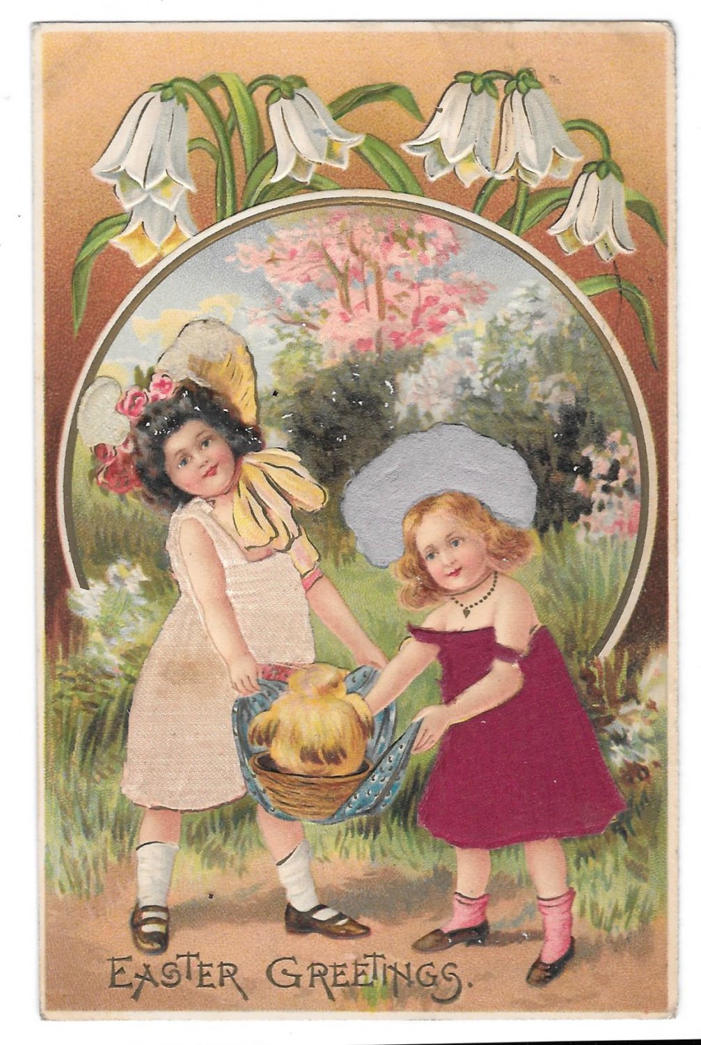 Easter Greetings Children Girls Chicks Silk Added Dresses Hats 1908 Novelty Postcard