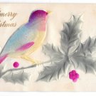 Merry Christmas Applied Felt Bird Vintage Embossed Novelty Postcard