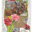 Birthday Greetings Flowers Carnations Woodland Scene Embossed Gilded Postcard