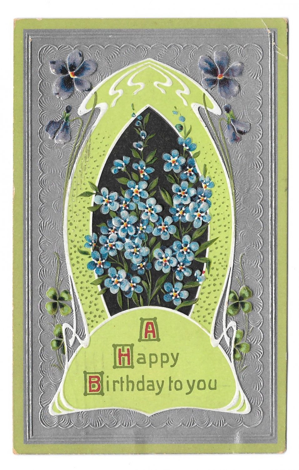 Happy Birthday Forget Me Nots Silver Background Vintage Embossed Postcard 1909