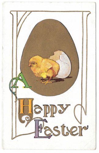 Happy Easter Chick Hatching from Egg Embossed Gold Gilt Vintage Postcard