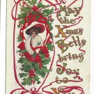 Christmas Pretty Edwardian Lady Holly Ribbon Embossed Gilt Vintage 1911 Postcard