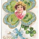 New Years Fantasy Postcard Girls Face in Shamrock Forget me Nots Embossed