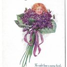 Birthday Fantasy Flower Face Pretty Child in Bouquet of Violets Poem Postcard