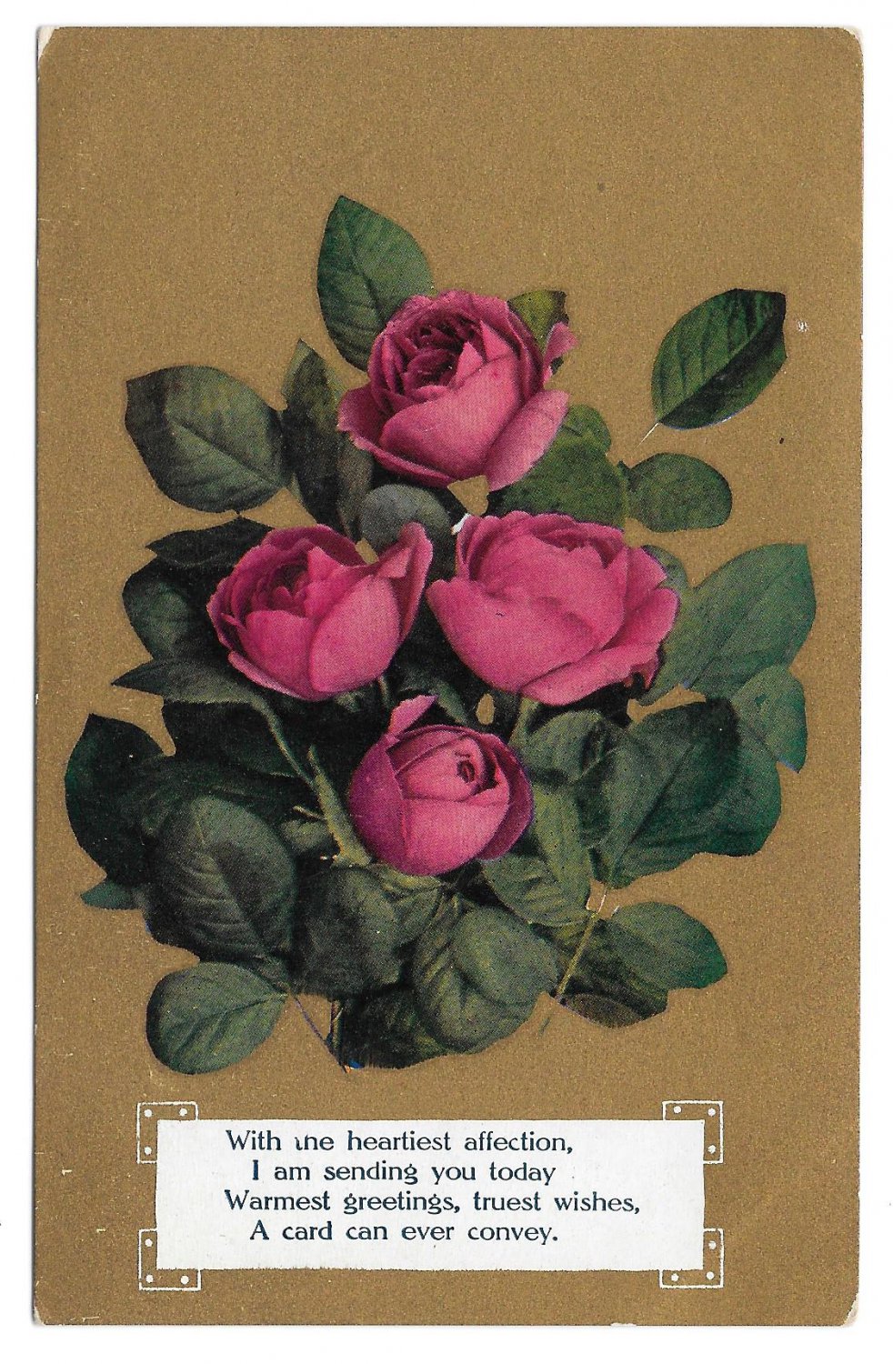 Vintage Motto Postcard Flowers on Gold Background Red Roses With Heartiest Affection