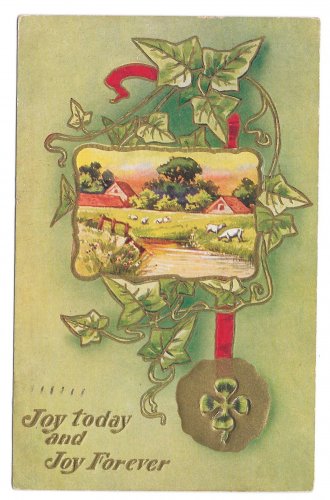Shamrock Four Leaf Clover Farm Scene Ivy Joy Vintage Embossed Gold Postcard 1912
