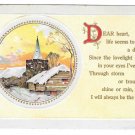 Vintage Motto Love Postcard Winter Scene Church with Steeple Embossed Gold Trim Vintage Motto Love Postcard Winter Scene Church with Steeple Embossed Gold Trim
