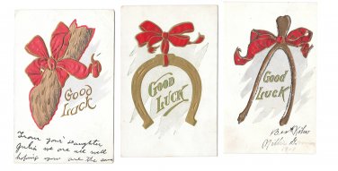 Good Luck Postcards Wishbone Horseshoe Rabbits Foot Red Bow Embossed Gold Lot of 3