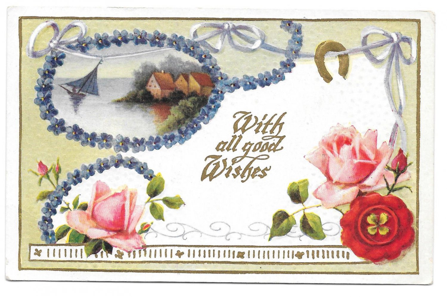 Good Wishes Vintage Postcard Embossed Roses Lake Scene Forget me Nots