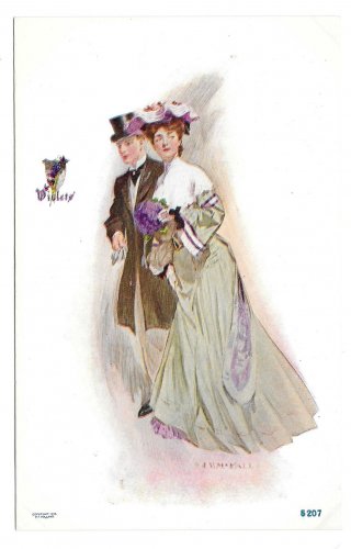 Violets Artist Signed JV McFall Volland Romantic Couple Halftone Reprint Postcard