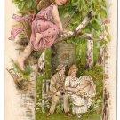 Romance Valentine Lovers Couple Cupid on Tree Branch Gilded 1908 Postcard