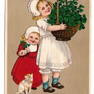 Unsigned Marie Flatscher Birthday Girls Kitten Basket four Leaf Clovers PFB 1910 Postcard