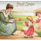 First Steps Mother Child Walking Girl Vintage Embossed Postcard