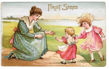 First Steps Mother Child Walking Girl Vintage Embossed Postcard