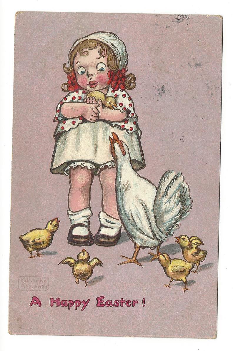 Gassaway Happy Easter Girl with Chicks and Hen Vintage Tuck Postcard