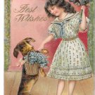Best Wishes Girl Dog Basket of Flowers Victorian 1907 Embosseed Gilded Postcard