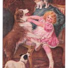 Kiss and Be Friends Girl struggling with Dogs and cat Vintage Postcard