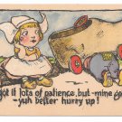 Dutch Kids Vintage Postcard Boy Repairing Wooden Shoe Car I got lots of patience