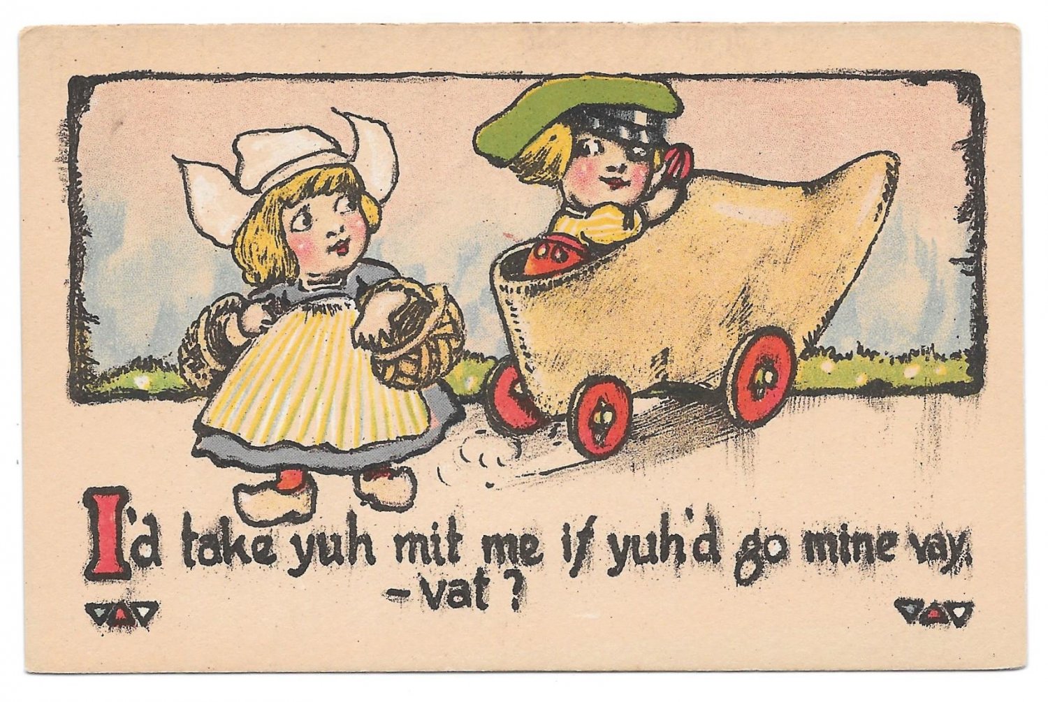 Postcards Kids. Postcard clothes. Silly Postcard 1940s. Antique picture Vagabond boy Tyrolean boy in a Green hat. Добрый на голландском языке