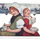 Dutch Girls Netherlands Drinking from Tea Cups Delft Tiles Vintage 1909 Postcard