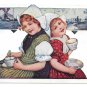 Dutch Girls Netherlands Drinking from Tea Cups Delft Tiles Vintage 1909 Postcard