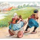 Tuck Valentine Dutch Boy Pulling Girl Carrying Jugs in Cart Vintage UDB Postcard