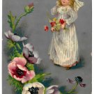 Little Girl in Nightdress and Cap with Poppies Vintage Embossed Postcard