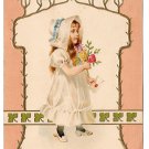 Vintage Embossed Postcard Edwardian Girl in White Bonnet w Rose Bouquet UDB