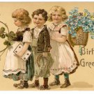 Birthday Greetings Children Carrying Forget Me Nots Horse Shoe Embossed Gilt Postcard