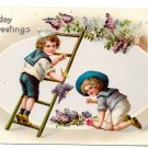 Birthday Greetings Boys in Victorian Sailor Suits Picking Grapes Vntg 1913 Postcard
