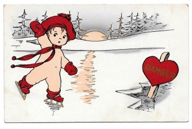 Danger Boy Skating toward Hole in Ice Vintage 1914 Valentine Postcard