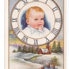 New Year Baby in Clock Face Snowy Winter Scene Vintage Whitney Postcard