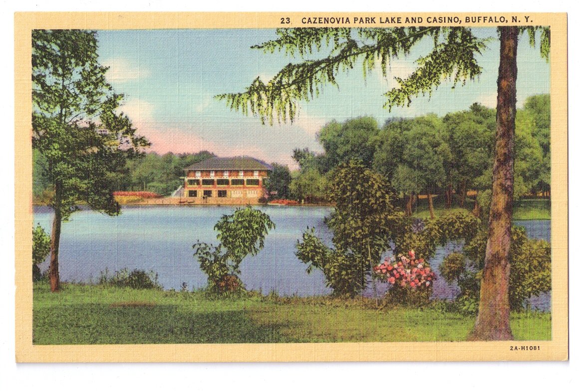 Cazenovia Park Lake and Casino Buffalo NY Curteich Postcard Linen