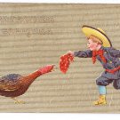 Thanksgiving Boy Teases Turkey with Red Kerchief Vintage Gold Moire Embossed Postcard Thanksgiving Boy Teases Turkey with Red Kerchief Vintage Gold Moire Embossed Postcard