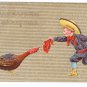 Thanksgiving Boy Teases Turkey with Red Kerchief Vintage Gold Moire Embossed Postcard