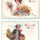 2 Artist Signed Brundage Thanksgiving Postcards Pretty Girl Flowers Boy Baskets Food Embossed