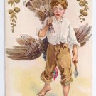 Thanksgiving Boy Turkey Over Shoulder Nash Vintage Embossed Gold Gilded 1910 Postcard