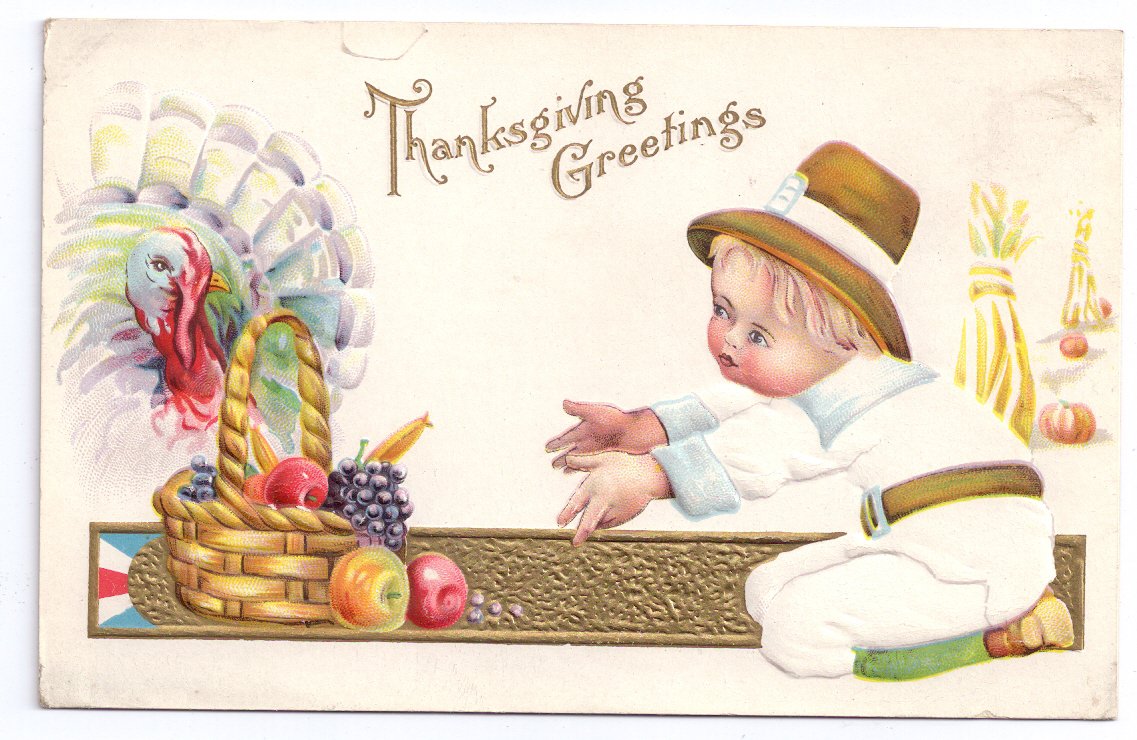 Thanksgiving Pilgrim Boy Child Turkey Fruit Basket Vintage Gold