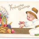Thanksgiving Pilgrim Boy Child Turkey Fruit Basket Vintage Gold Embossed Postcard Thanksgiving Pilgrim Boy Child Turkey Fruit Basket Vintage Gold Embossed Postcard