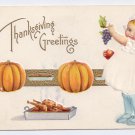 Thanksgiving Girl Pumpkins Child Roast Turkey Gold Embossed Vintage Postcard