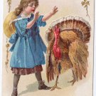 Vintage Thanksgiving Postcard Turkey Pretty Girl Gold Gilded Embossed 1910 Jaeger