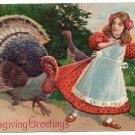 Turkey Pulling on Girls Skirt Embossed Vintage Thanksgiving Postcard PFB Paul Finkenrath
