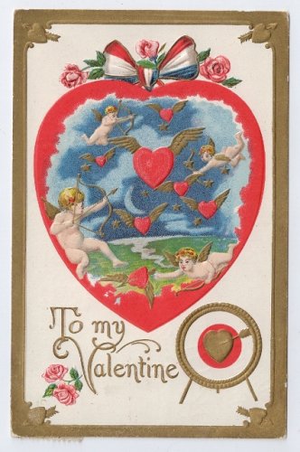 Cupid Cherub Flying Winged Hearts Embossed Gold 1908 Valentine Postcard