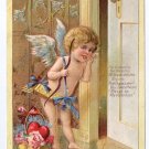 Cupid Cherub Listening at Door Roses Poem Embossed Gold Vintage Valentine Postcard