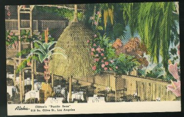 Cliftons Pacific Seas Restaurant Olive St. Los Angeles CA Linen Vintage Postcard