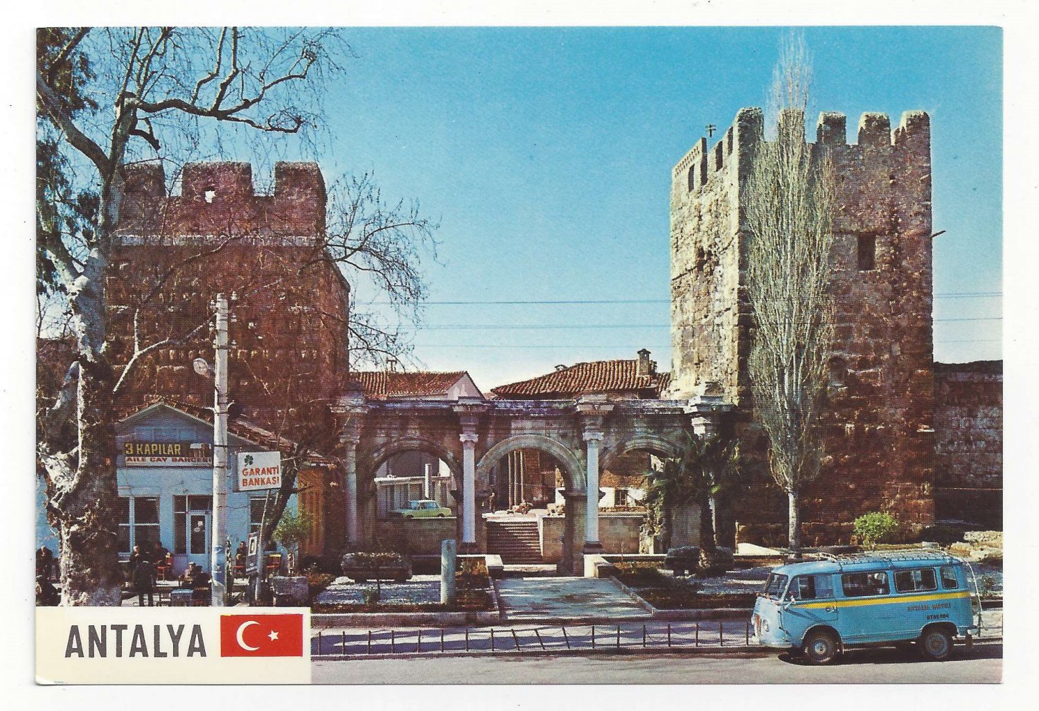 Turkey Antalya Hadrians Gate Portal VW Bus Volkswagen Hitit Postcard Vintage 4X6