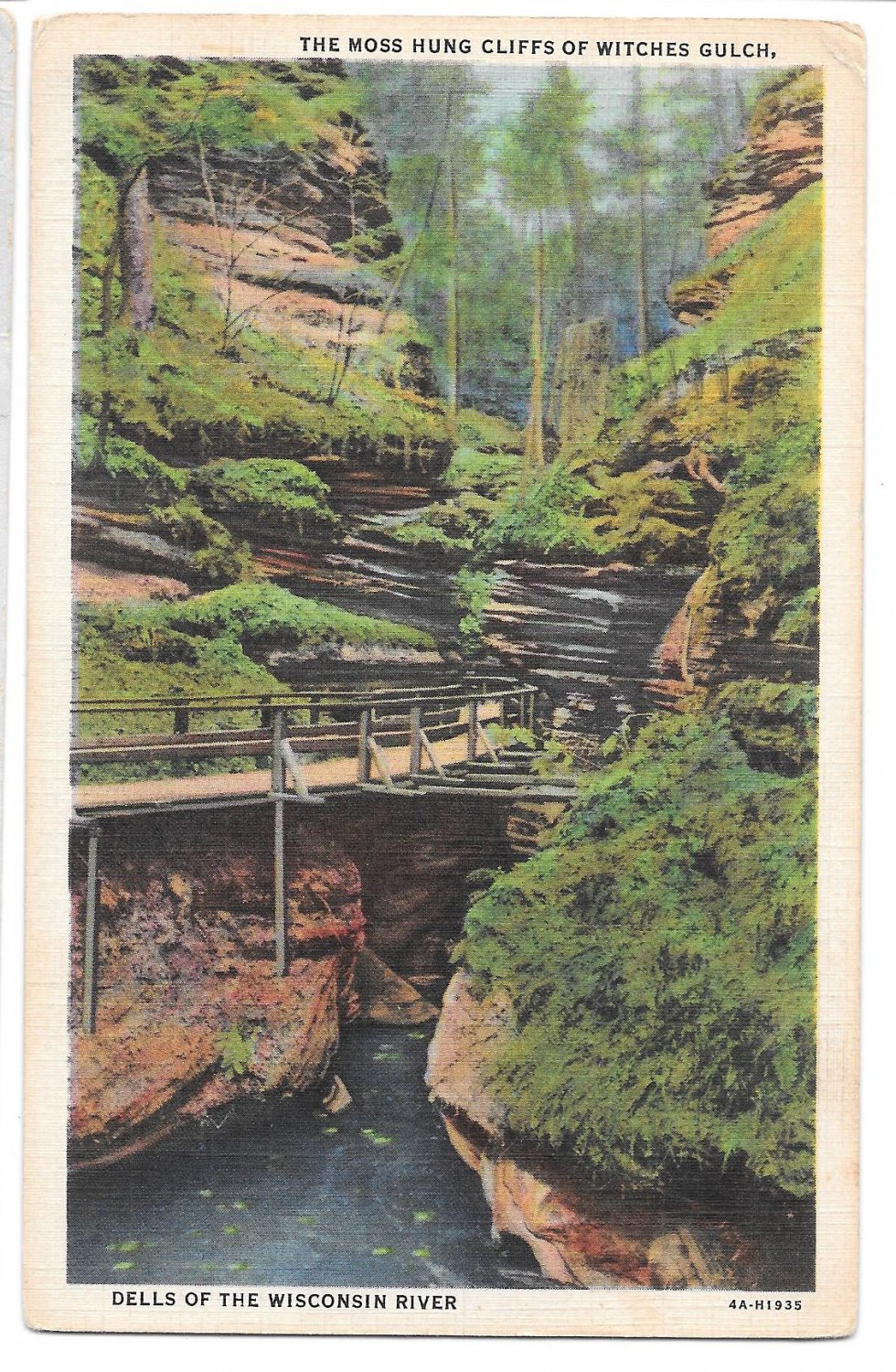 WI Wisconsin River Dells Witches Gulch Moss Hung Cliffs Vtg Linen 1935 ...